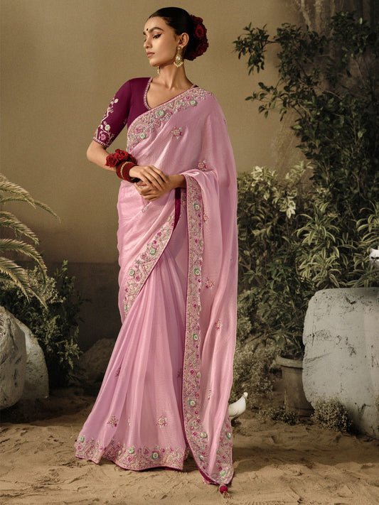 Rose Pink Khatli Work Embroidered Designer Wedding Saree