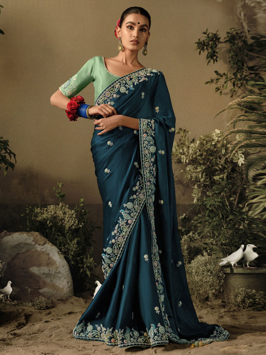 Peacock Blue Khatli Work Embroidered Designer Wedding Saree