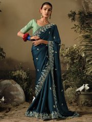 Peacock Blue Khatli Work Embroidered Designer Wedding Saree