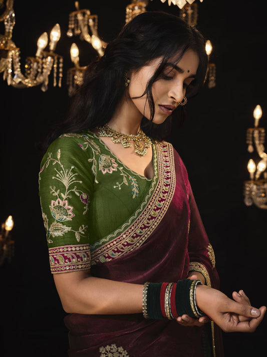 Maroon Embroidered Silk Wedding Wear Saree With Blouse