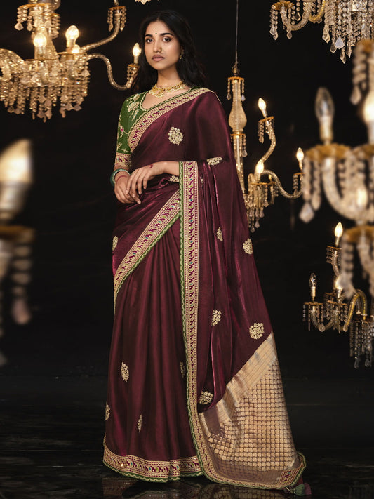 Maroon Embroidered Silk Wedding Wear Saree With Blouse