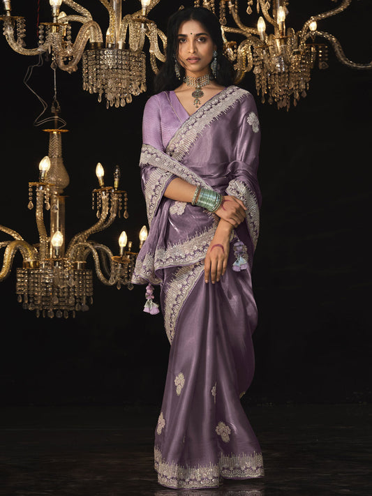 Lavender Sequins Silk Reception Wear Saree With Blouse