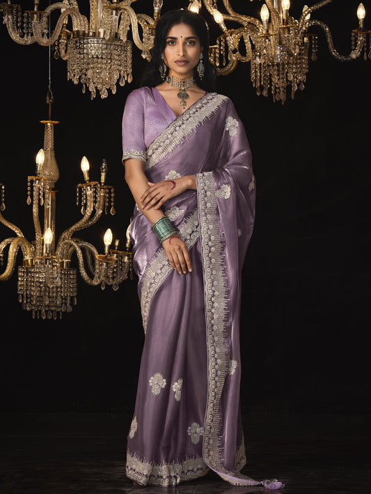 Lavender Sequins Silk Reception Wear Saree With Blouse