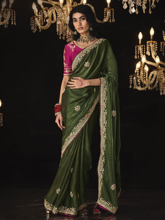 Olive Green Embroidered Silk Mehendi Wear Saree