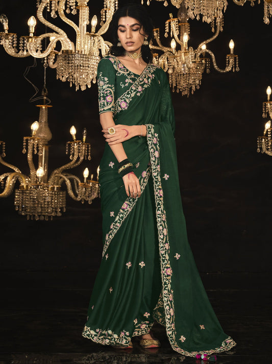 Dark Green Embroidered Silk Saree With Blouse