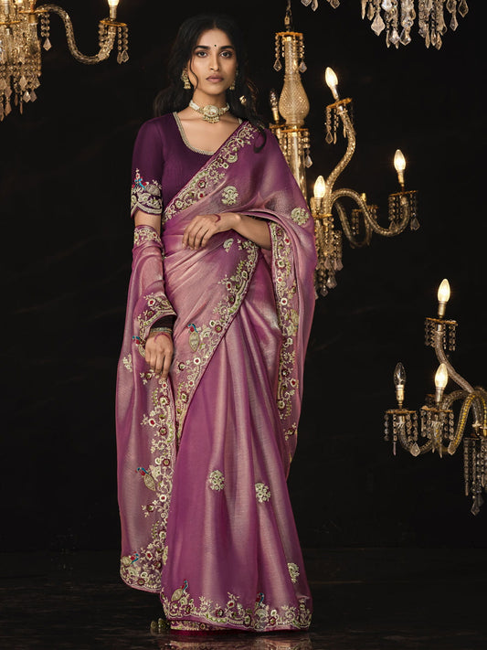 Pink Embroidered Silk Wedding Wear Saree With Blouse