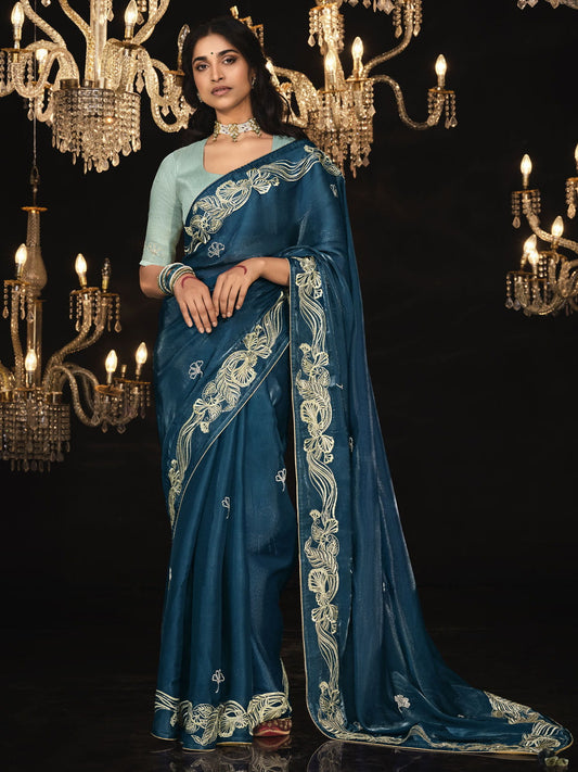 Blue Embroidered Silk Festival Wear Saree With Blouse