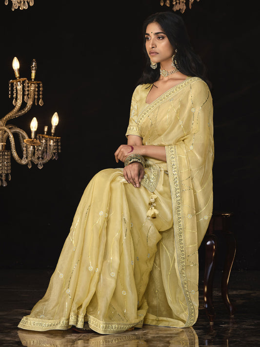 Yellow Sequins Silk Function Wear Saree With Blouse