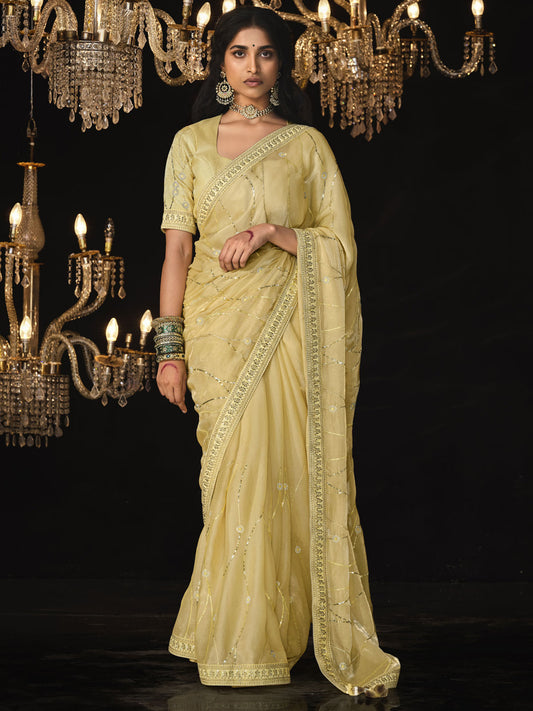 Yellow Sequins Silk Function Wear Saree With Blouse