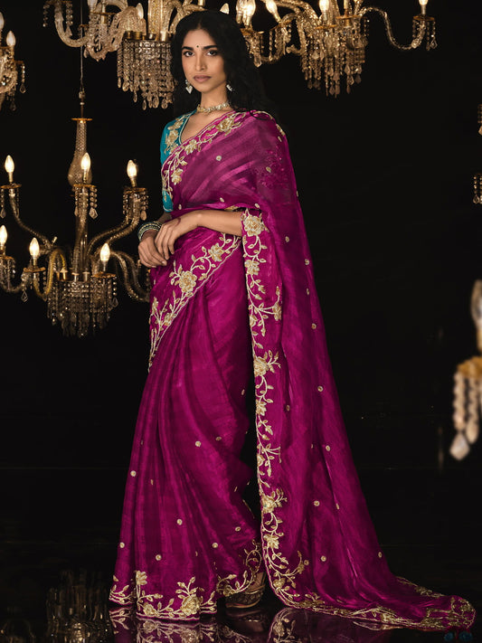 Rani Pink Embroidered Silk Event Wear Saree With Blouse