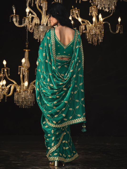 Teal Green Embroidered Silk Wedding Saree With Blouse