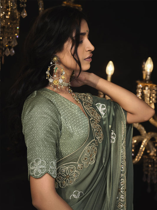 Sage Green Swarovski Work Silk Festival Wear Saree