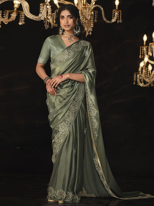 Sage Green Swarovski Work Silk Festival Wear Saree