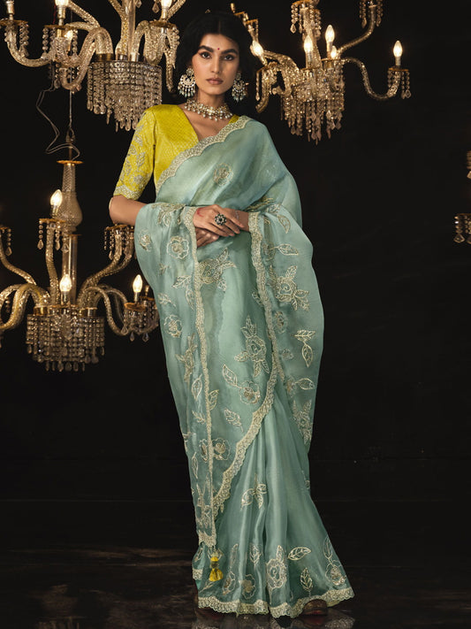 Sky-Blue Sequins Silk Saree Function Wear With Blouse