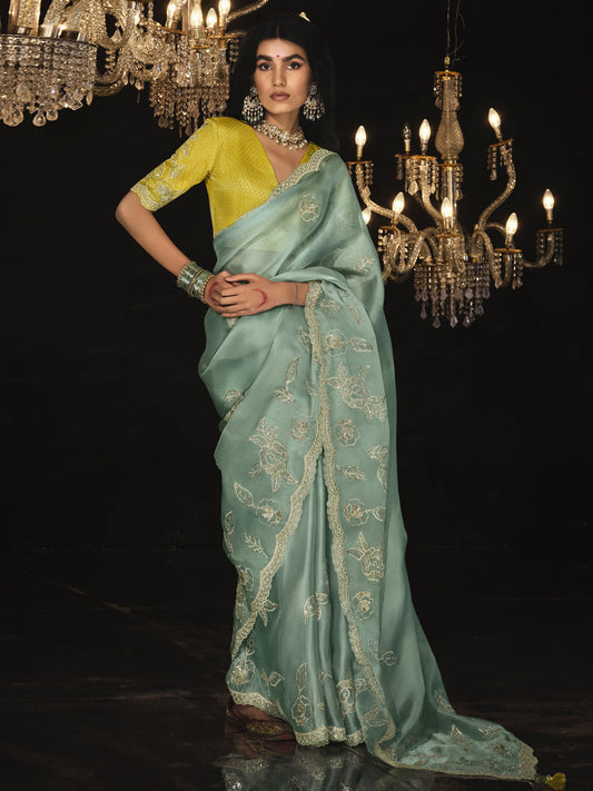 Sky-Blue Sequins Silk Saree Function Wear With Blouse