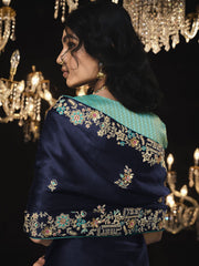 Navy-Blue Embroidered Silk Saree Wedding Wear Saree