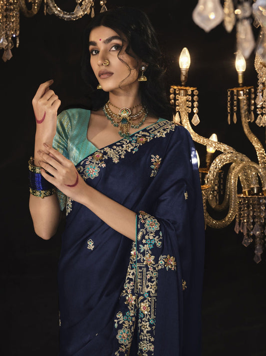 Navy-Blue Embroidered Silk Saree Wedding Wear Saree