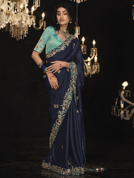 Navy-Blue Embroidered Silk Saree Wedding Wear Saree