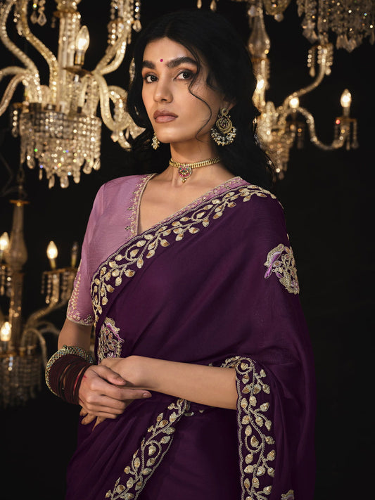 Wine Embroidered Silk Saree Reception Wear Saree