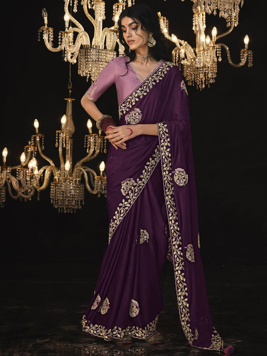 Wine Embroidered Silk Saree Reception Wear Saree