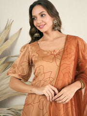 Women Brown Floral Printed Regular Kurta with Trousers & With Dupatta