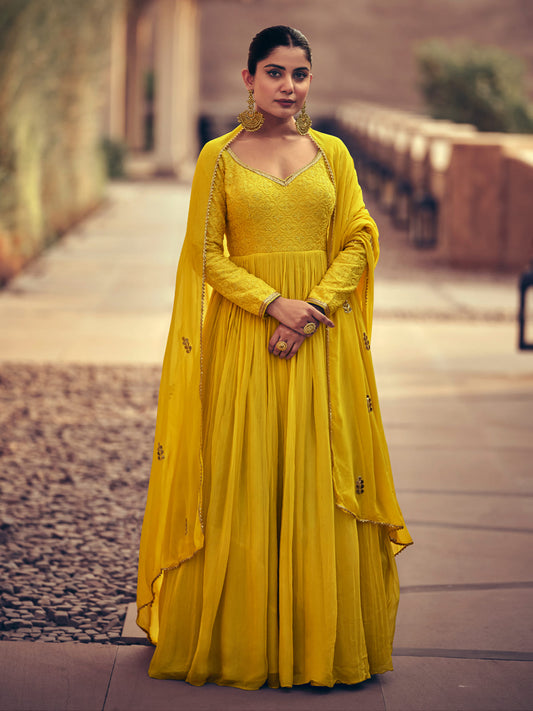 Yellow Embroidery Anarkali Gown