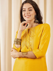 Mustard Ethnic Motifs Yoke Design Thread Work Tie Up Silk Straight Kurta