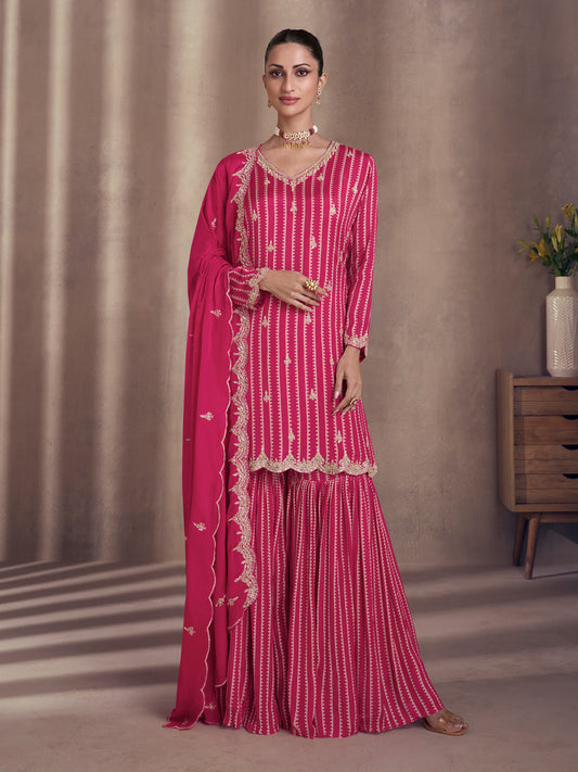 Hot Pink All Over Sequence Embroidery Designer Sharara Suit