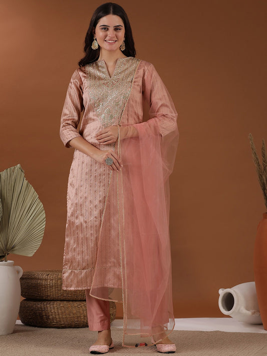 Pink Ethnic Motifs Woven Design Notched Neck Thread Work Kurta with Trousers & Dupatta