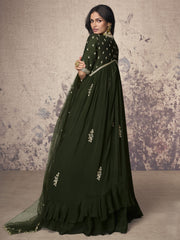 Mehndi Green Silk Embroidered Wedding Party Anarkali Gown