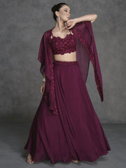 Deep Wine Appliqué Embroidered Cape Style Lehenga