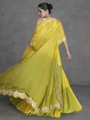 Yellow And Green Mirror Work Embroidery Cape Style Lehenga