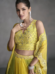 Yellow And Green Mirror Work Embroidery Cape Style Lehenga