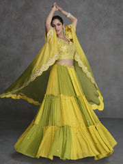 Yellow And Green Mirror Work Embroidery Cape Style Lehenga