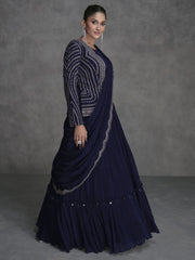 Navy Blue Embellished Saree Gown with Jacket