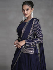 Navy Blue Embellished Saree Gown with Jacket