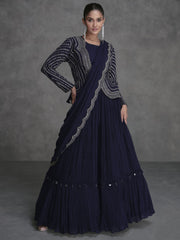 Navy Blue Embellished Saree Gown with Jacket