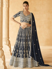 Navy Blue Traditional Embroidery Bridal Lehenga Choli