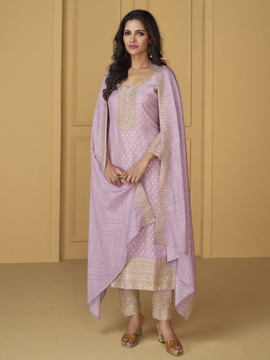 Lilac Traditional Embroidery Silk Salwar Kameez Suit