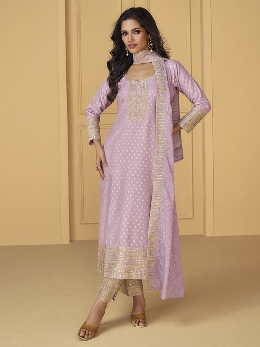 Lilac Traditional Embroidery Silk Salwar Kameez Suit