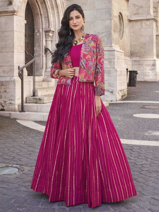 Magenta Pink Floral Embroidered Jacket Style Lehenga