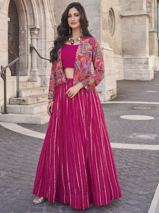 Magenta Pink Floral Embroidered Jacket Style Lehenga