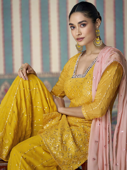 Yellow Premium Embroidered Designer Sharara Suit