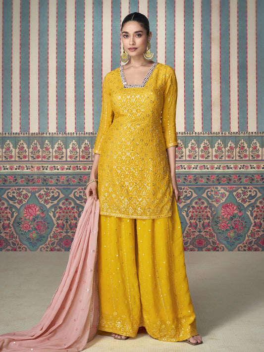 Yellow Premium Embroidered Designer Sharara Suit