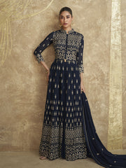 Navy Blue Traditional Embroidered Slit Style Palazzo Suit