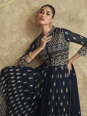 Navy Blue Traditional Embroidered Slit Style Palazzo Suit