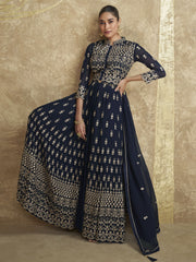 Navy Blue Traditional Embroidered Slit Style Palazzo Suit