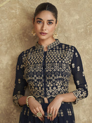 Navy Blue Traditional Embroidered Slit Style Palazzo Suit