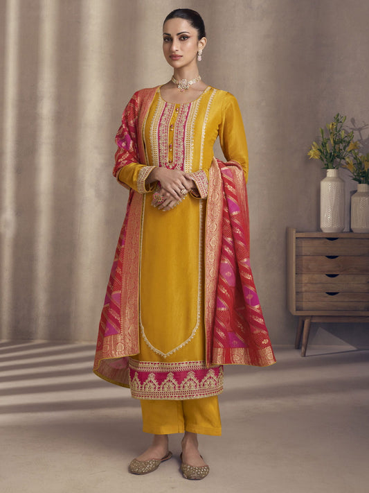 Yellow And Pink Embroidery Salwar Kameez Suit