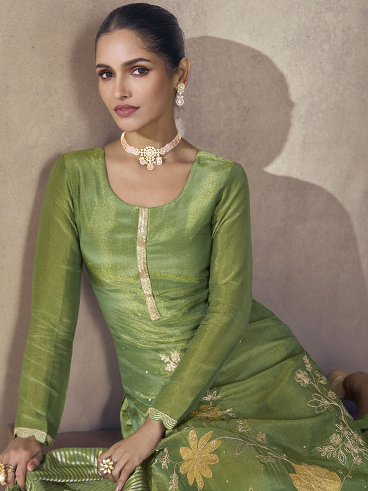 Green And Yellow Embroidery Salwar Kameez Suit